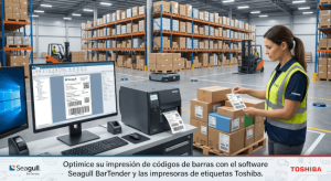 mujer con impresora de Código de barras